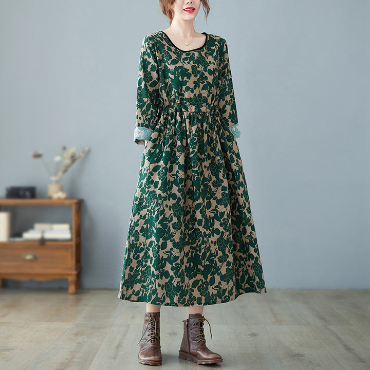 Retro Art Floral Print Cotton And Linen Dress-Lady Dresses-Zishirts