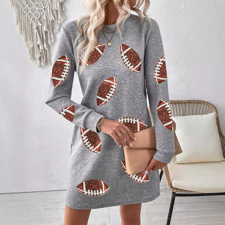 Women's Rugby Printed Long Sleeve Round Neck Pullover Dress-Lady Dresses-Zishirts