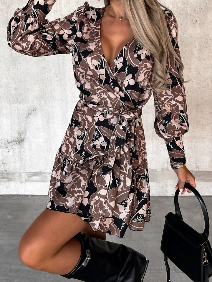 Women's Long-sleeved Fashion Printed Waist-controlled Lace-up Shirt Dress-Suits & Sets-Zishirts