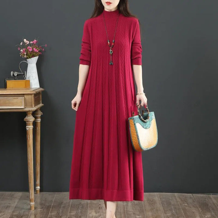 Women's Loose Solid Color Sweater Pleated Dress-Lady Dresses-Zishirts