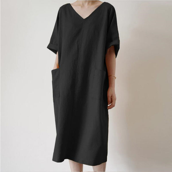 Retro Dress Women's Cotton Casual Solid Color Long-Lady Dresses-Zishirts