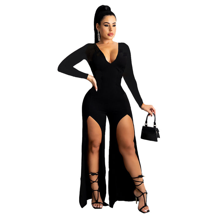 Women's V-neck Solid Color Split Leg Jumpsuit-Suits & Sets-Zishirts