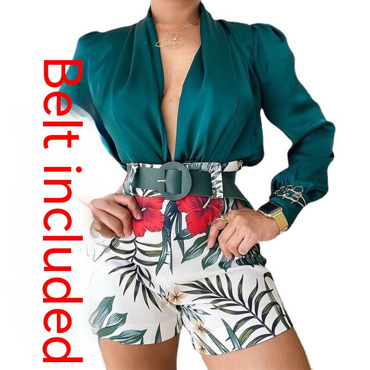 Women's Fashion Casual V-neck Long-sleeved Printed Shorts Two-piece Set-Suits & Sets-Zishirts