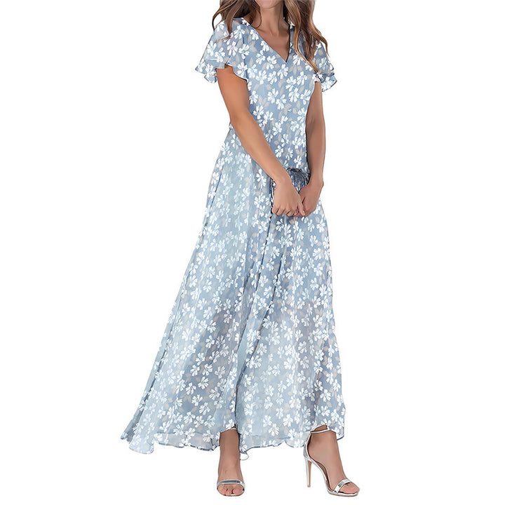 Women's Short Sleeve Printed Chiffon Dress-Lady Dresses-Zishirts