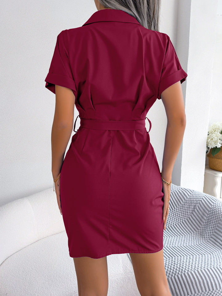 Women's Casual Solid Color Batwing Sleeve Waist-tight Folding Shirt Dress-Lady Dresses-Zishirts