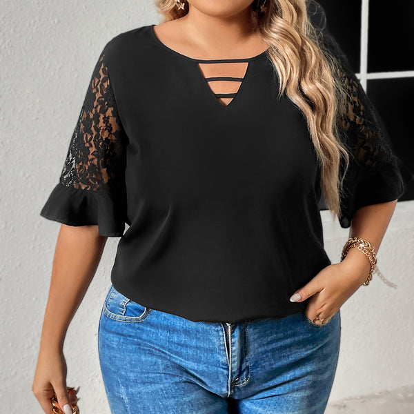 Women's Loose Pullover V-neck Lace Short-sleeved Top-Blouses & Shirts-Zishirts