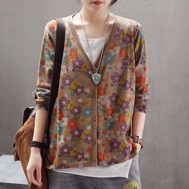 Women's Retro Art Floral Print Knitted Cardigan Sweater Coat-Sweaters-Zishirts