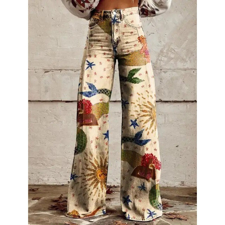 Fashion Women's Printed High Waist Loose Thin Imitation Denim Wide Leg Pants-Woman Jeans-Zishirts