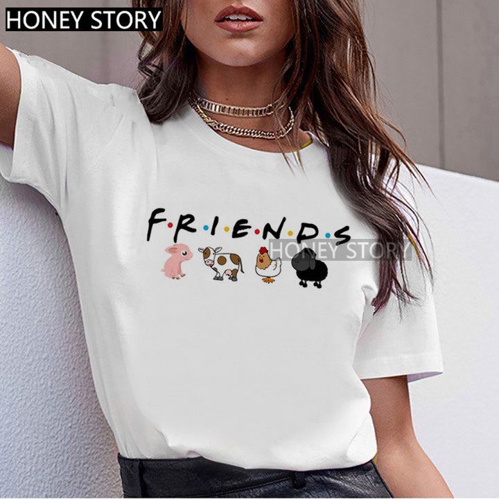 T-shirt Animal Cute Pattern Round Neck White Short-sleeve Top-Women's Outerwear 2023-Zishirts