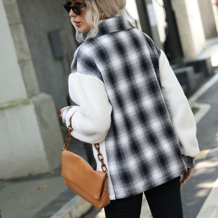 Long Sleeve Plaid Lapel Plush Coat-Jackets-Zishirts