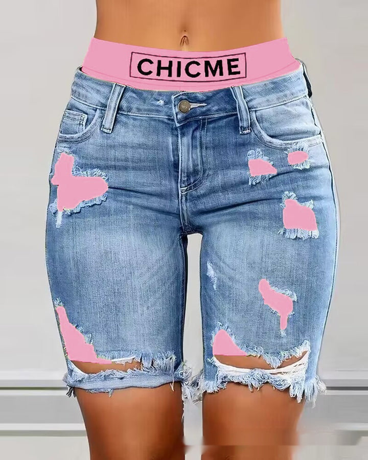 Color Contrast Patchwork Ripped Fake Two-piece Denim Shorts-Woman Jeans-Zishirts