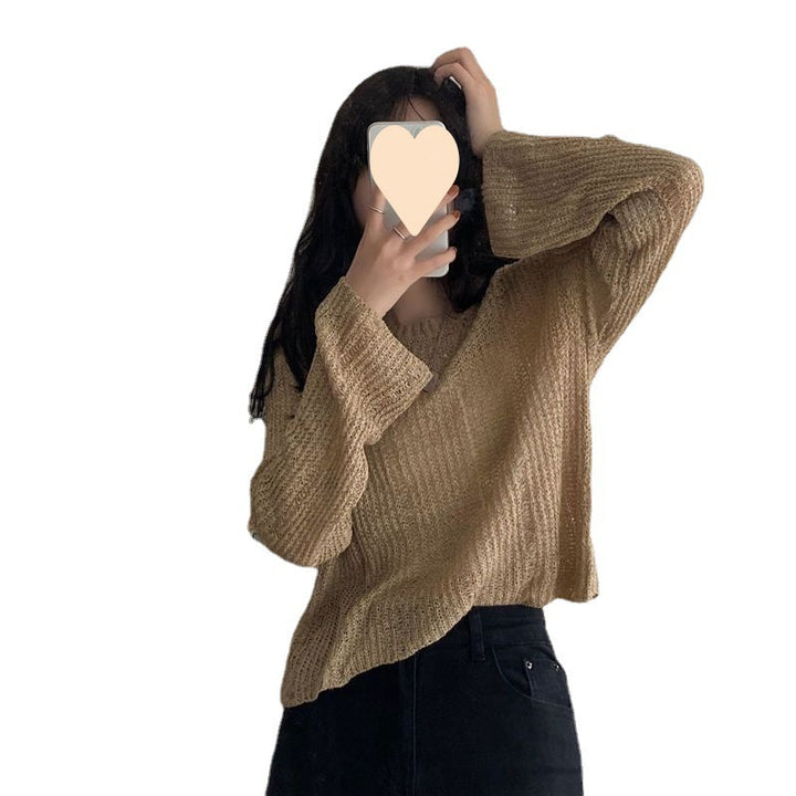 Women's Knitwear Autumn Ice Silk Hollow-out Knitted Blouse Outer Wear Thin Pullover Long Sleeve Sweater Fashion-Sweaters-Zishirts