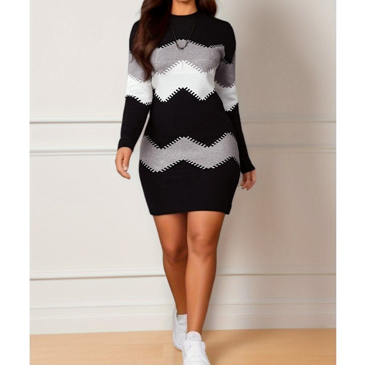 Mid-length Short Skirt Round Neck Long Sleeve Printed Knitted Sheath Dress-Women's Outerwear 2023-Zishirts