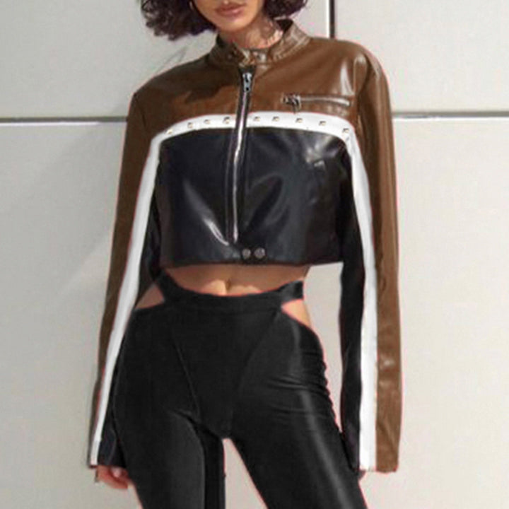 Locomotive Style Color Contrast Short Leaky Navel Rivet Leather Coat-Blouses & Shirts-Zishirts