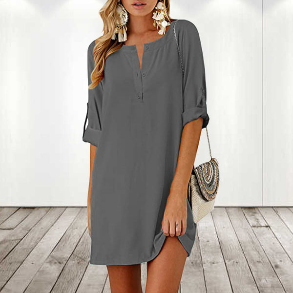 Cotton And Linen Loose 34 Sleeve Mid-length Dress-Women's Outerwear 2023-Zishirts