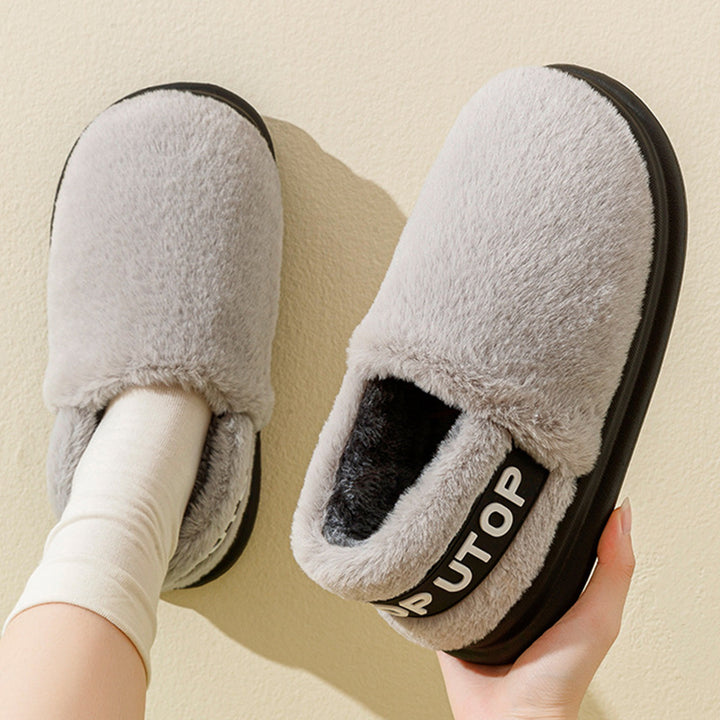 Winter Letter Cotton Shoes With Heel Garden Outdoor Indoor Floor Home Slippers Thick-soled Plush Slippers Women Men Couple-Womens Footwear-Zishirts