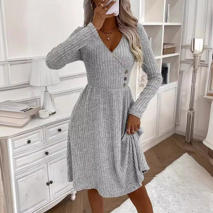 Fashion Temperament Pure Color Stitching Dress Sweater-Lady Dresses-Zishirts