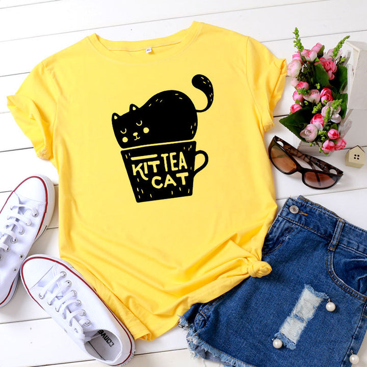 Casual KIT TEA CAT Printed Round Neck Plus Size Short Sleeve-Blouses & Shirts-Zishirts