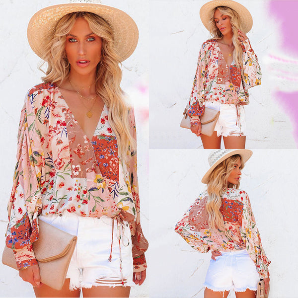 Spring And Summer Floral V-neck Long Sleeve Loose Casual Shirt-Blouses & Shirts-Zishirts