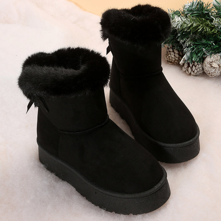 New Bow-knot Snow Boots Winter Plus Velvet Warm Thick-soled Ankle Boots For Women Simple Daily Leisure Cotton Shoes-Womens Footwear-Zishirts