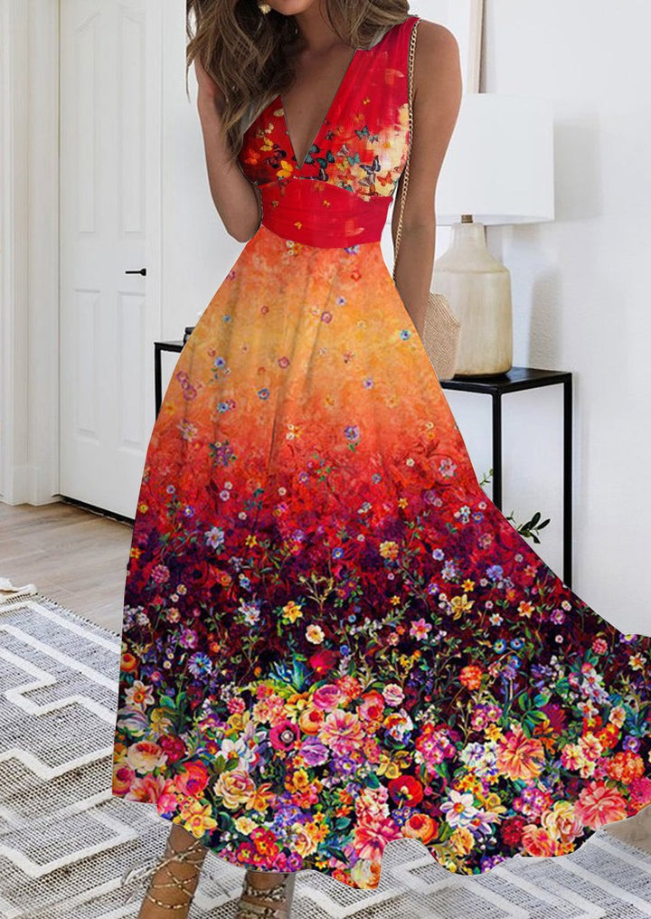 2023 Summer New V-neck Fashion Digital Printing Maxi Dress-Womens 2024 March-Zishirts