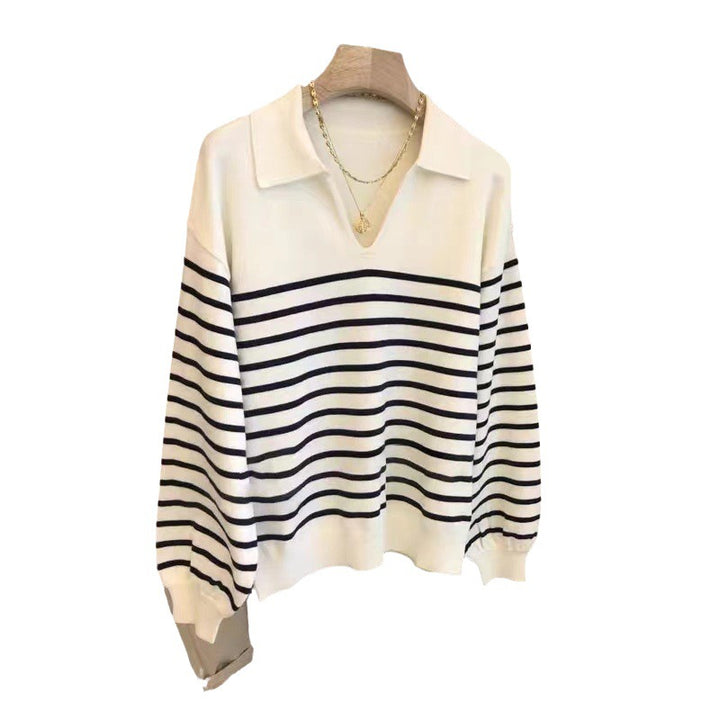 French Striped Polo Collar Sweater Worsted Wool-Sweaters-Zishirts