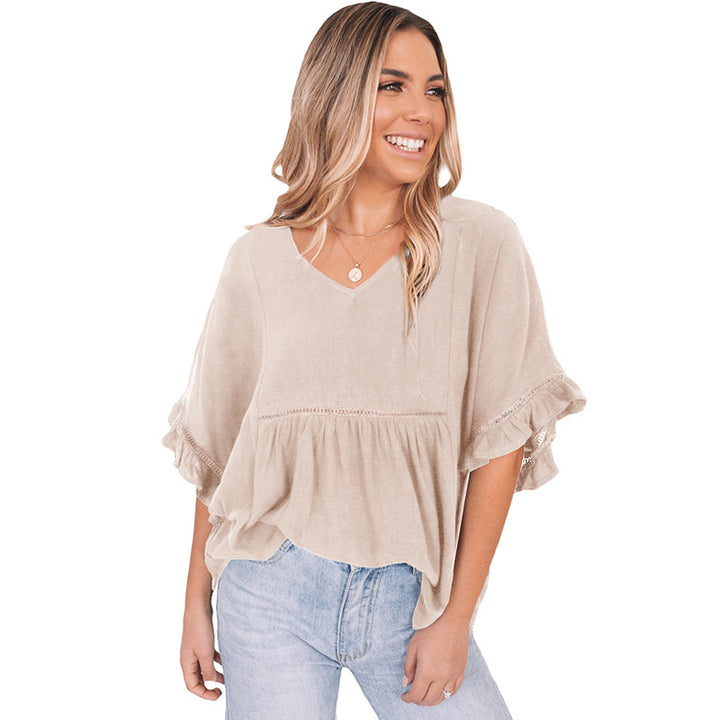 V-neck Ribbon Ruffle Top Women's Short-sleeved Pullover-Blouses & Shirts-Zishirts