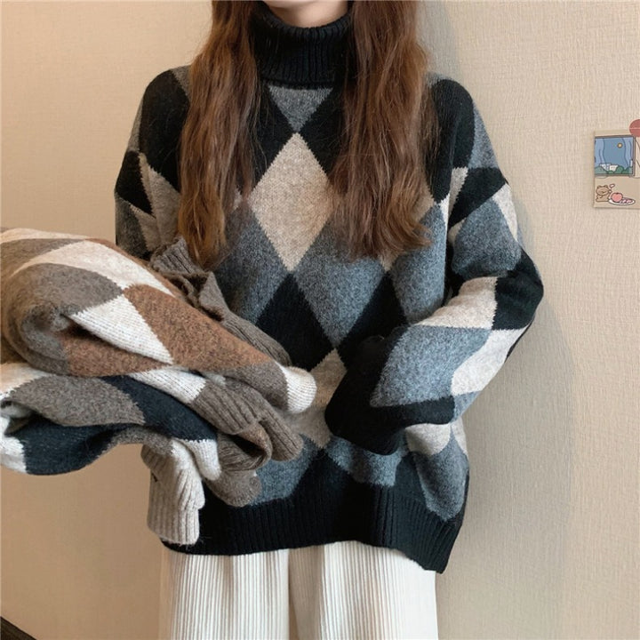 Korean Style Retro Lazy Style Diamond Plaid Colorblock Thick Warm Loose Turtleneck Sweater-Women's Outerwear 2023-Zishirts