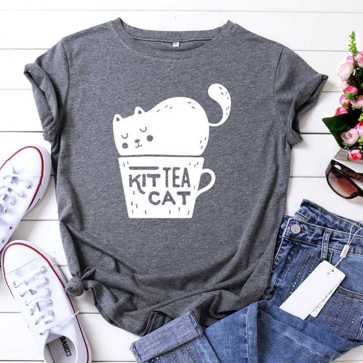 Casual KIT TEA CAT Printed Round Neck Plus Size Short Sleeve-Blouses & Shirts-Zishirts