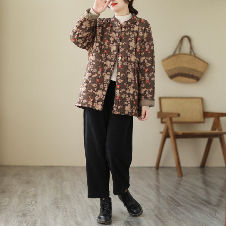 Floral Stand Collar Loose And Warm Cotton-padded Coat-Jackets-Zishirts