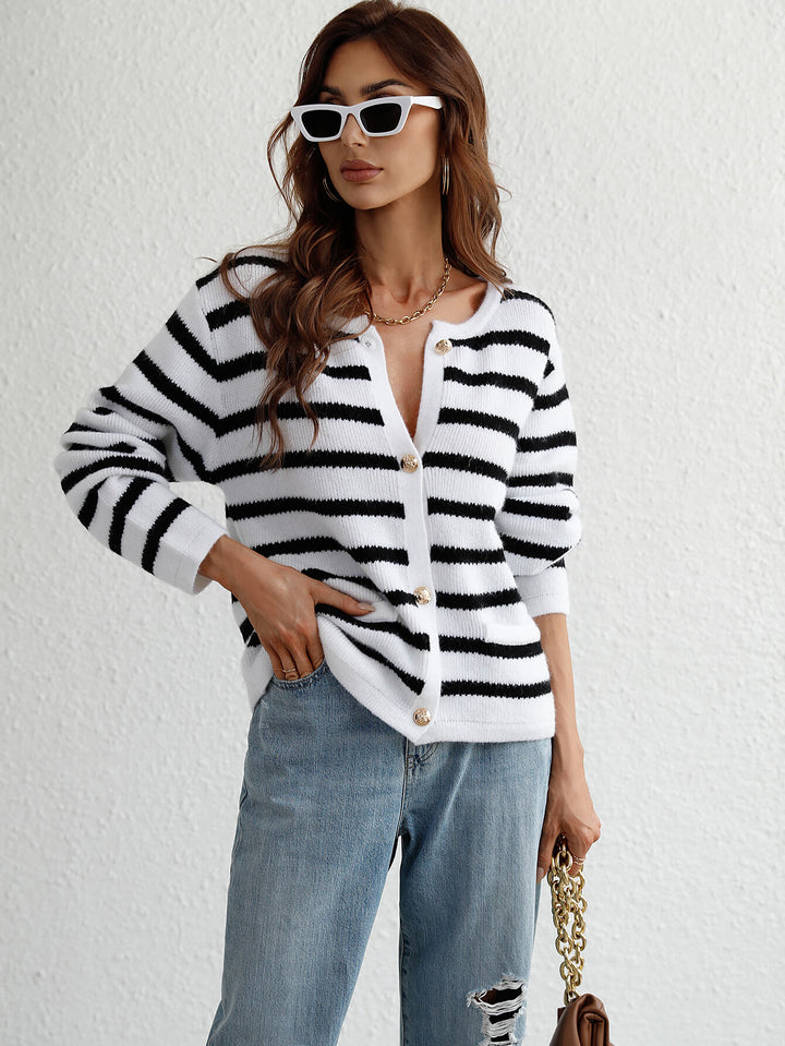 Striped Women's Single-breasted Cardigan Sweater-Sweaters-Zishirts