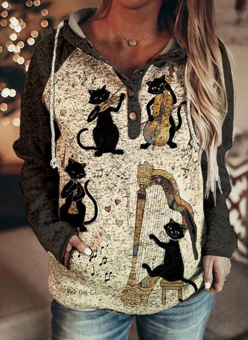 Retro Animal Nature Abstract Printing Brown Button Hoodie-Women's Outerwear 2023-Zishirts