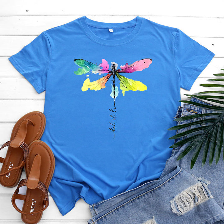 Women's Fashion Casual Dragonfly Printed Round Neck Short Sleeve T-shirt Top-Blouses & Shirts-Zishirts