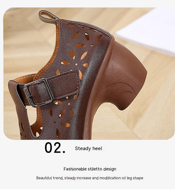 High Heel Retro Hollow Sandals Spring And Summer New Round Toe Buckle Mom Shoes-Womens Footwear-Zishirts