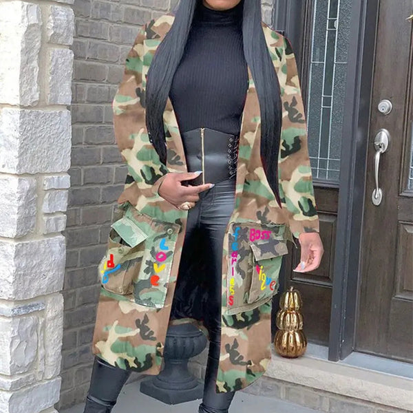 Long Casual Fashion European And American Camouflage Print Patch Coat Women-Jackets-Zishirts