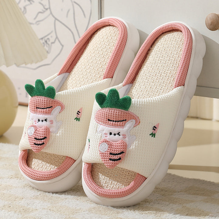 Cute Carrot Rabbit Shoes Linen Slippers Men And Women Couples Indoor Non-slip Thick Bottom House Shoes-Womens Footwear-Zishirts