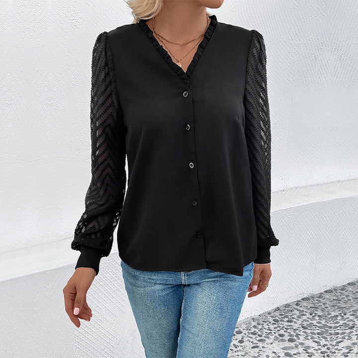 Women's Shirt Lace Stitching Long Sleeve Hot French Style V-neck Buckle Top-Women's Outerwear 2023-Zishirts