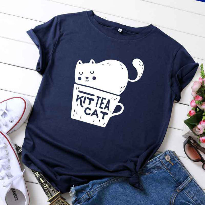 Casual KIT TEA CAT Printed Round Neck Plus Size Short Sleeve-Blouses & Shirts-Zishirts