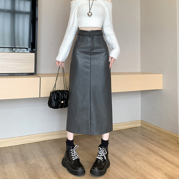 Coffee Colored High Waisted PU Leather Skirt For Women-Women's Outerwear 2023-Zishirts