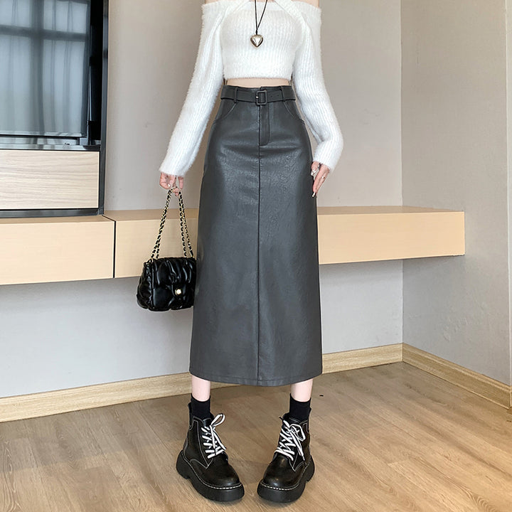 Coffee Colored High Waisted PU Leather Skirt For Women-Women's Outerwear 2023-Zishirts