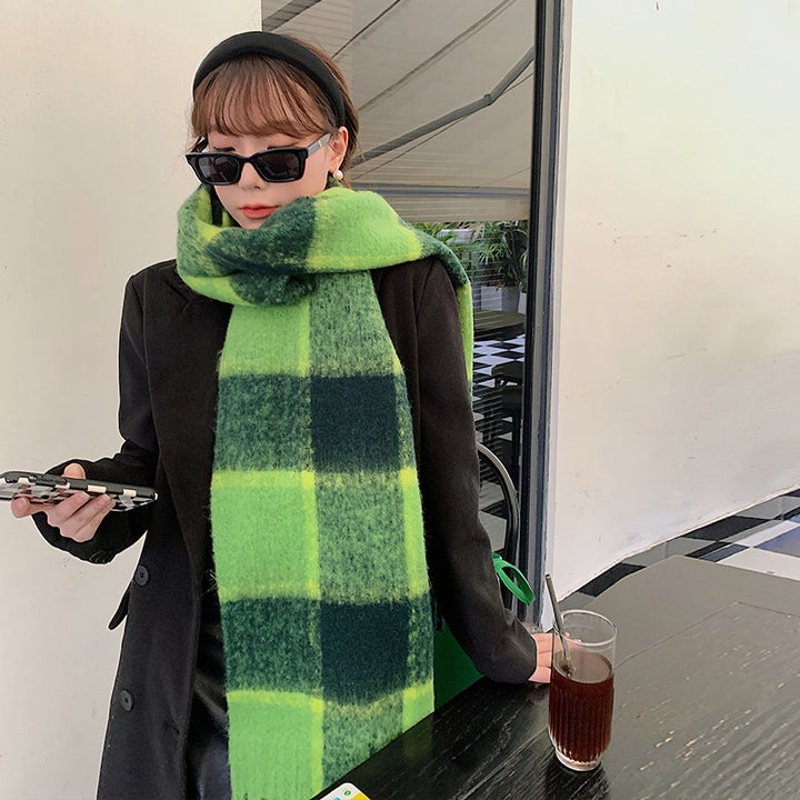 Green Cashmere Like Plaid Soft Waxy Scarf-Scarves & Wraps-Zishirts