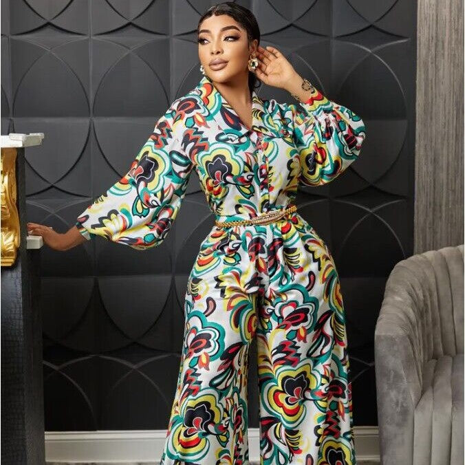 V-neck Printed High Waist Wide Leg Straight Jumpsuit-Suits & Sets-Zishirts