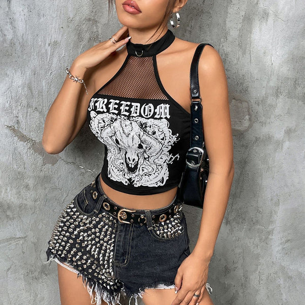 European And American Goths Style Punk Dark Court Retro Wild Skull Letter Vest-Blouses & Shirts-Zishirts