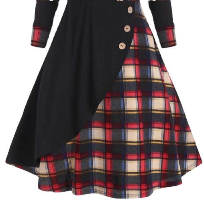 Plaid Stitching Hooded Turtleneck Dress-Lady Dresses-Zishirts