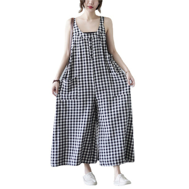 Summer Plus Size Female Artistic Plaid Cotton Linen Suspender Trousers-Womens 2024 March-Zishirts