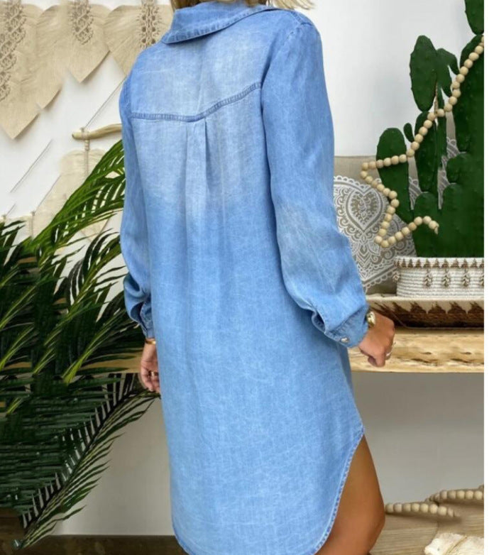 Women's Solid Color Single-breasted Long Sleeve Denim Dress-Womens 2024 March-Zishirts