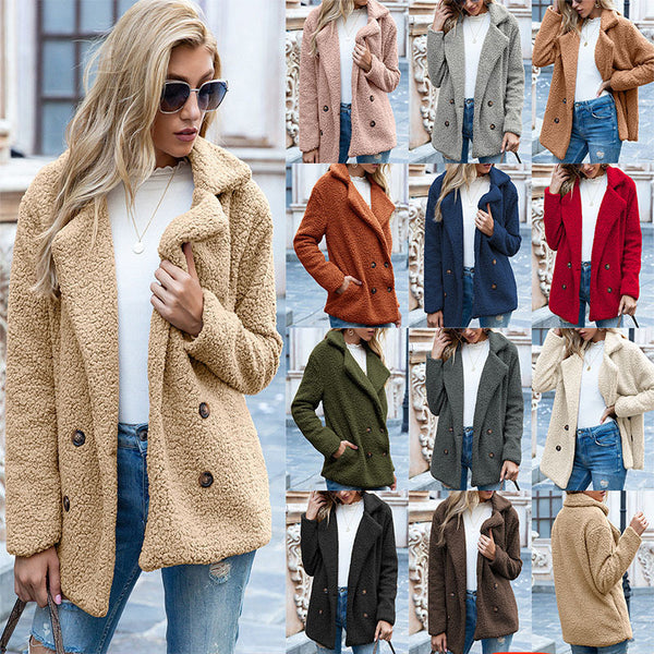 Button Lapel Jacket Winter Loose Fluffy Cardigan Sweater Coat Women-Jackets-Zishirts