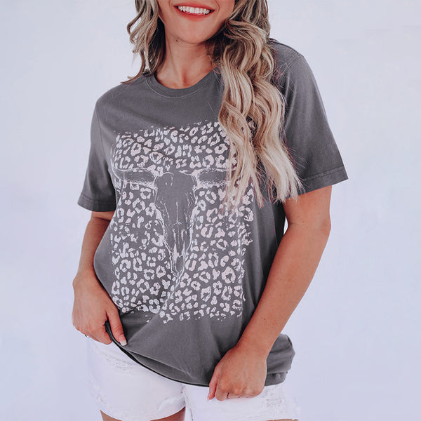 New Leopard Print Top European And American Fashion Women's Wear Round Neck Short Sleeve Loose T-shirt-Blouses & Shirts-Zishirts