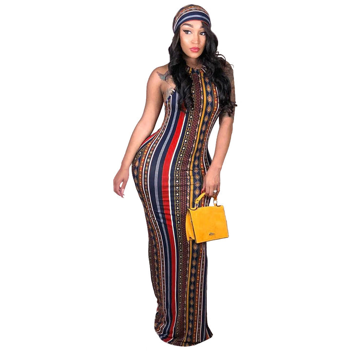 Fashion Sexy Stripes Bohemian Printed Dress Including Headscarf-Lady Dresses-Zishirts