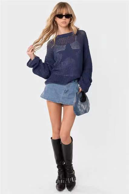 Fashion Hollowed-out Jacquard Five-pointed Star Long Sleeve Knitted Sweater-Sweaters-Zishirts